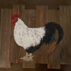 Chalk Couture handmade rooster on rustic wood boards. 20x16"
